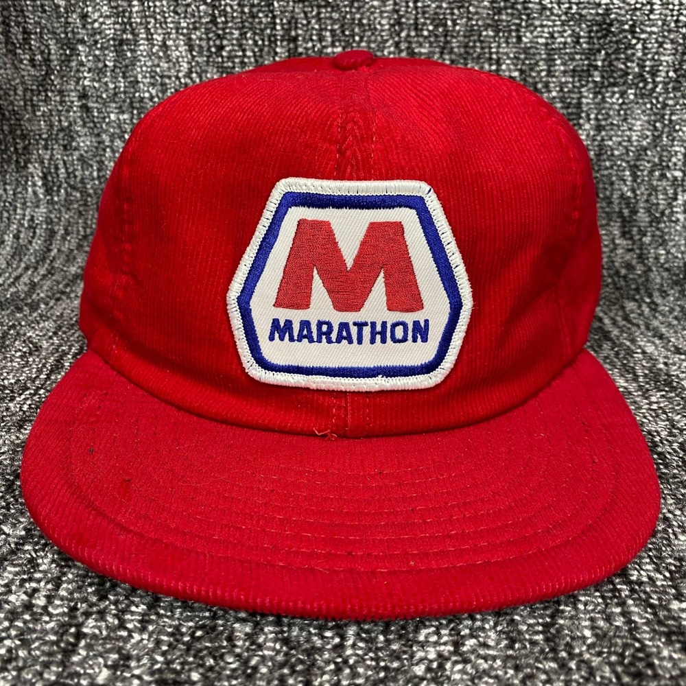 VTG Marathon Oil Corduroy Snapback Hat Mens Red Patch Gas Station Trucker Cap 80